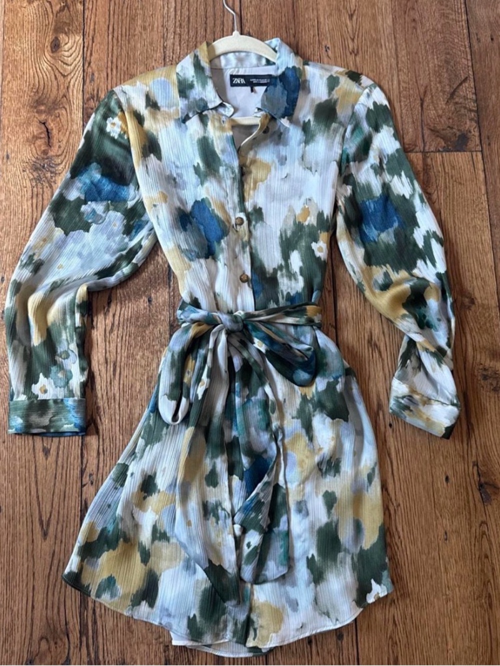 Zara Green & Blue Shirt Dress with Tie Belt